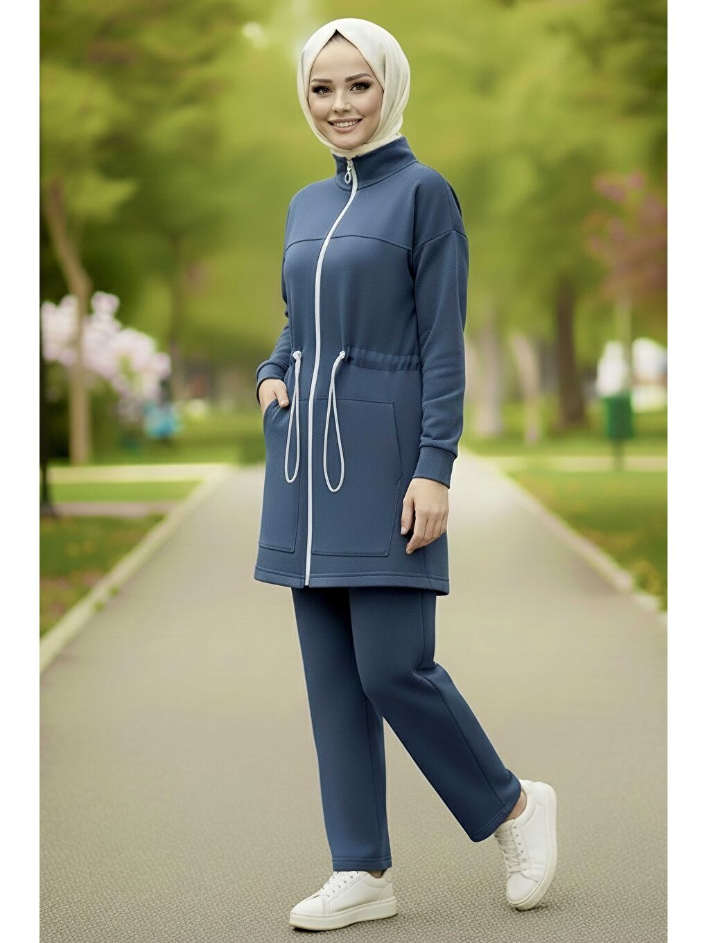 Belde Lastik Detaylı Fermuarlı Cepli Modal İkili Takım Lacivert - 28044-LACIVERT