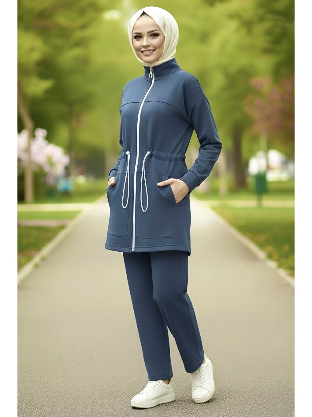 Belde Lastik Detaylı Fermuarlı Cepli Modal İkili Takım Lacivert - 28044-LACIVERT-1