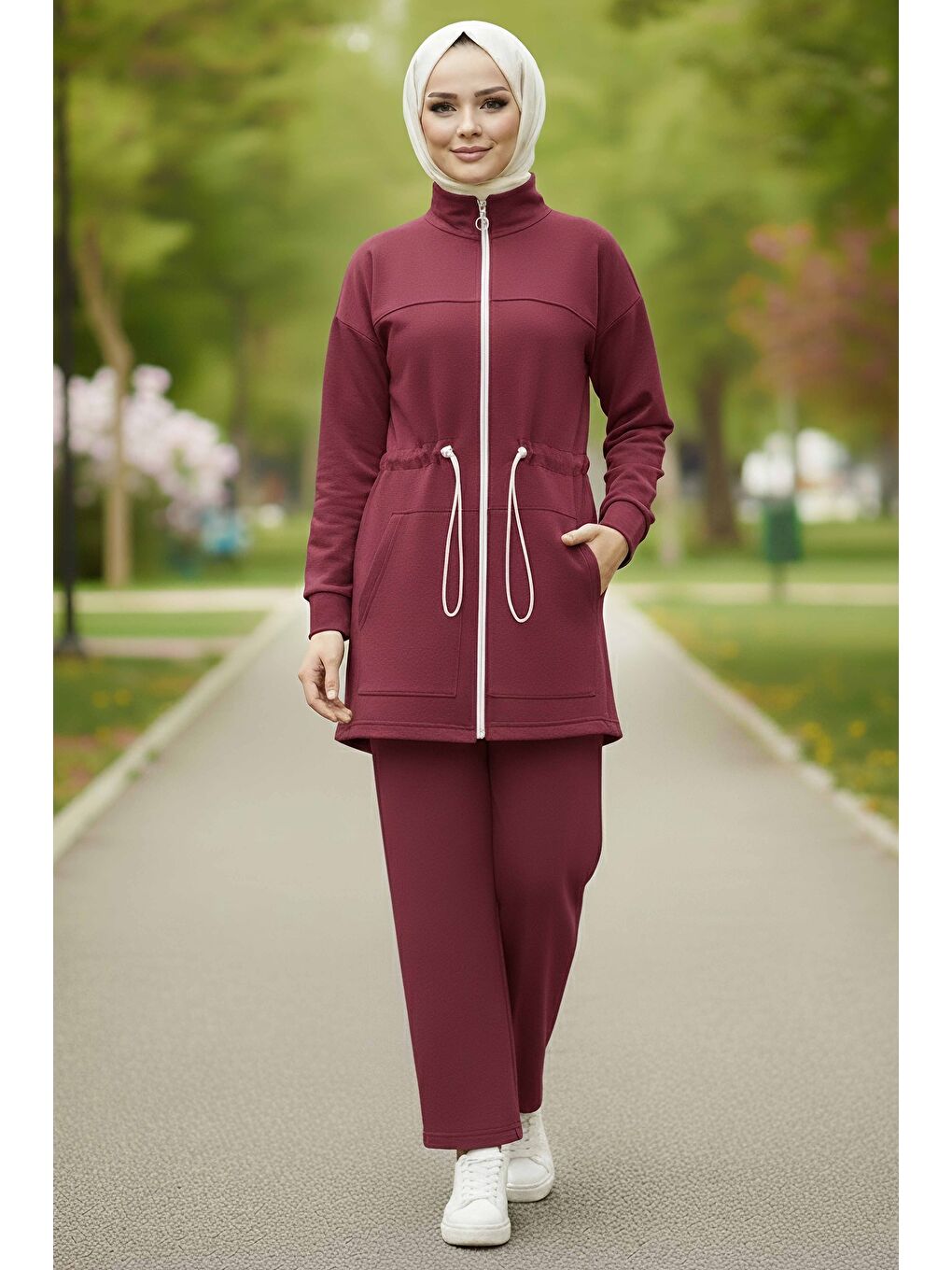 Belde Lastik Detaylı Fermuarlı Cepli Modal İkili Takım Bordo - 28044-BORDO-1