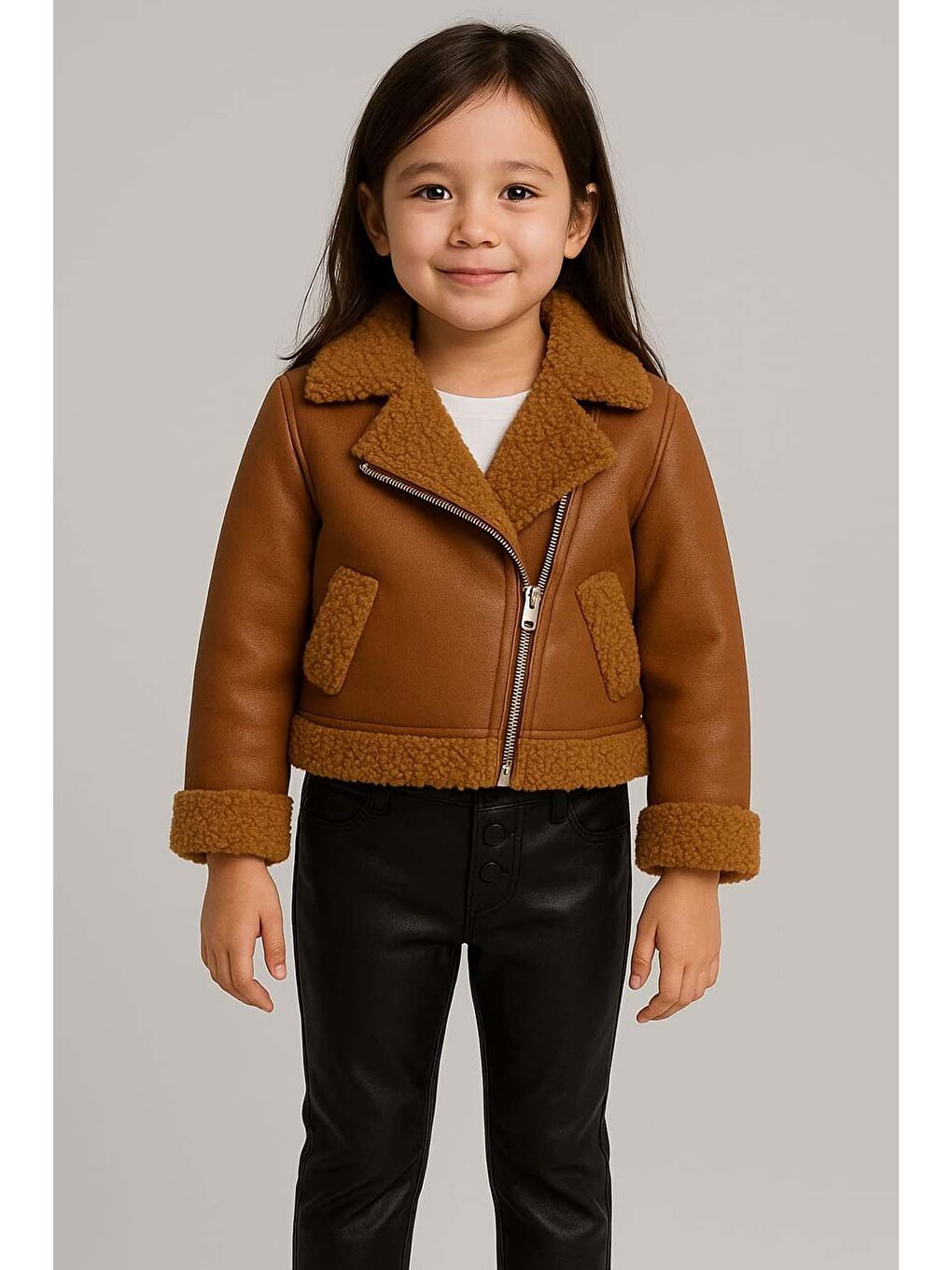 Kız Çocuk Kolları ve Yakası Pelüş Detaylı Kahverengi Ceket Dik Yaka Kazak Deri Alt Üst Takım