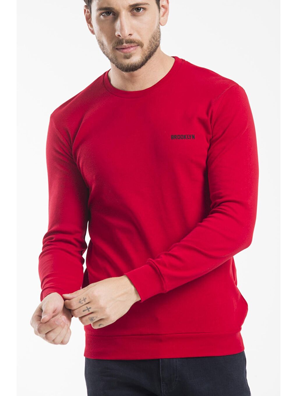 Kırmızı Erkek Bisiklet Yaka Slim Fit Brooklyn Baskılı Sweatshirt SPR22SW18-3