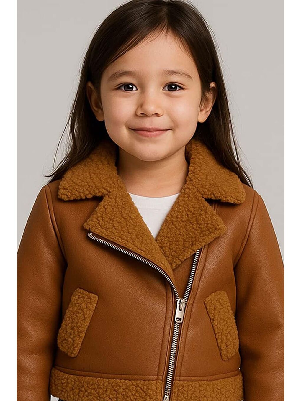 Kız Çocuk Kolları ve Yakası Pelüş Detaylı Kahverengi Ceket Dik Yaka Kazak Deri Alt Üst Takım-1