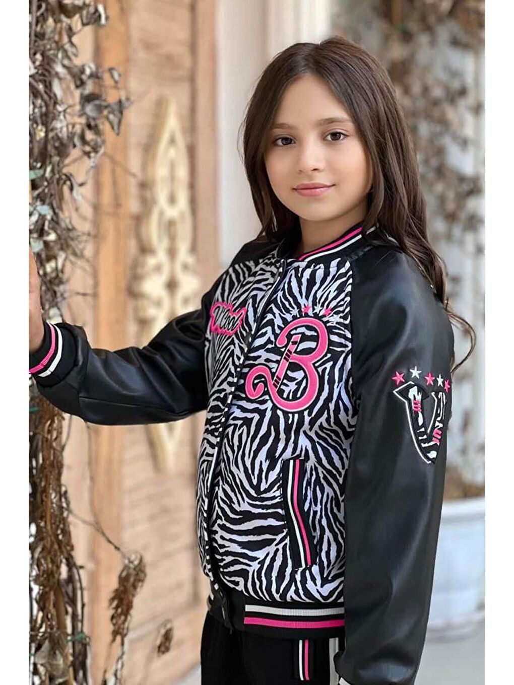 Kız Çocuk V Cool Yazı Baskılı Sweatshirt Zebra ve Pembe Şerit Detaylı Deri Eşofman Takım-3