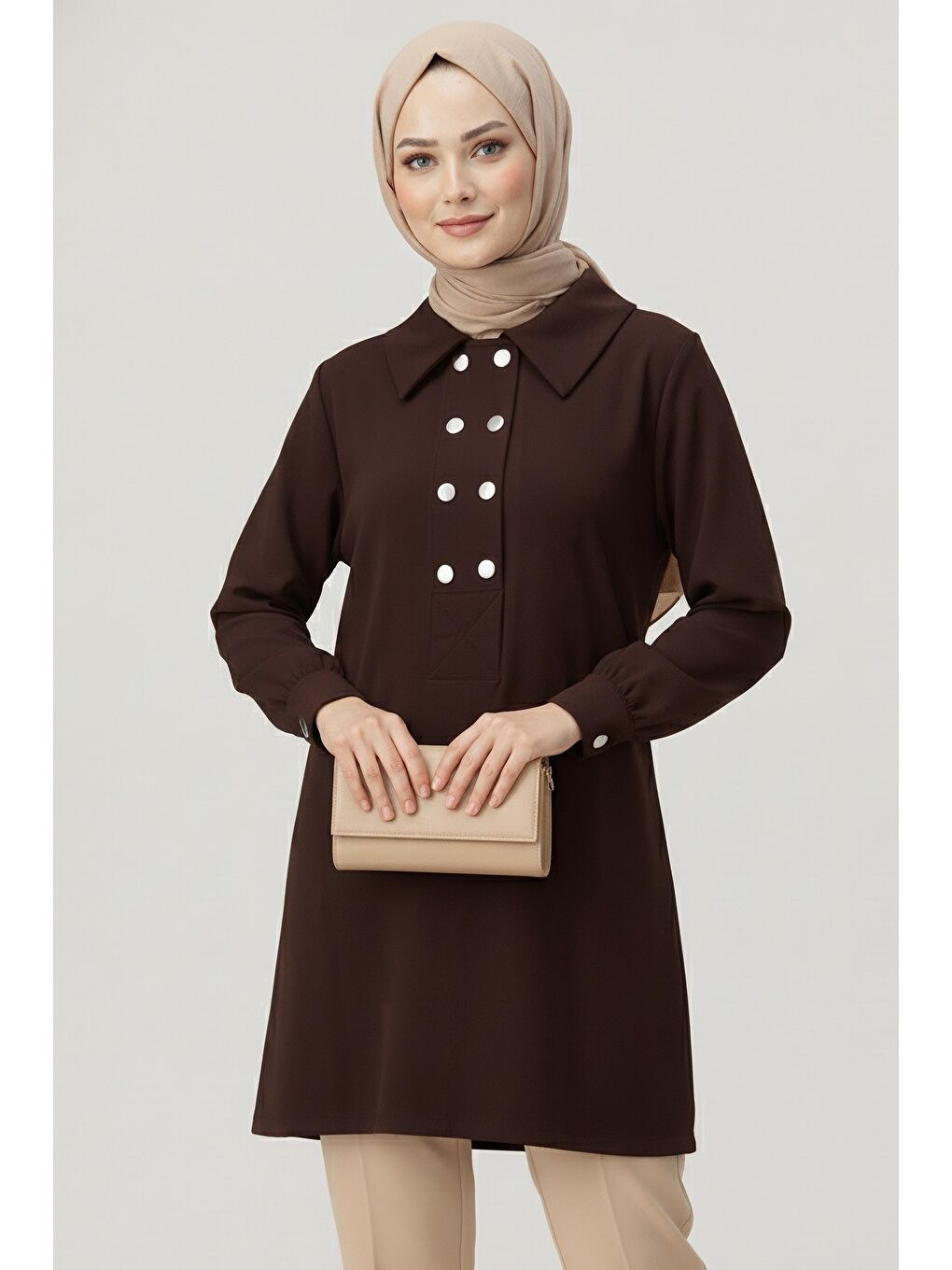 Kahverengi Düğme Detaylı Modal Tunik Kahve - 28041-KAHVE