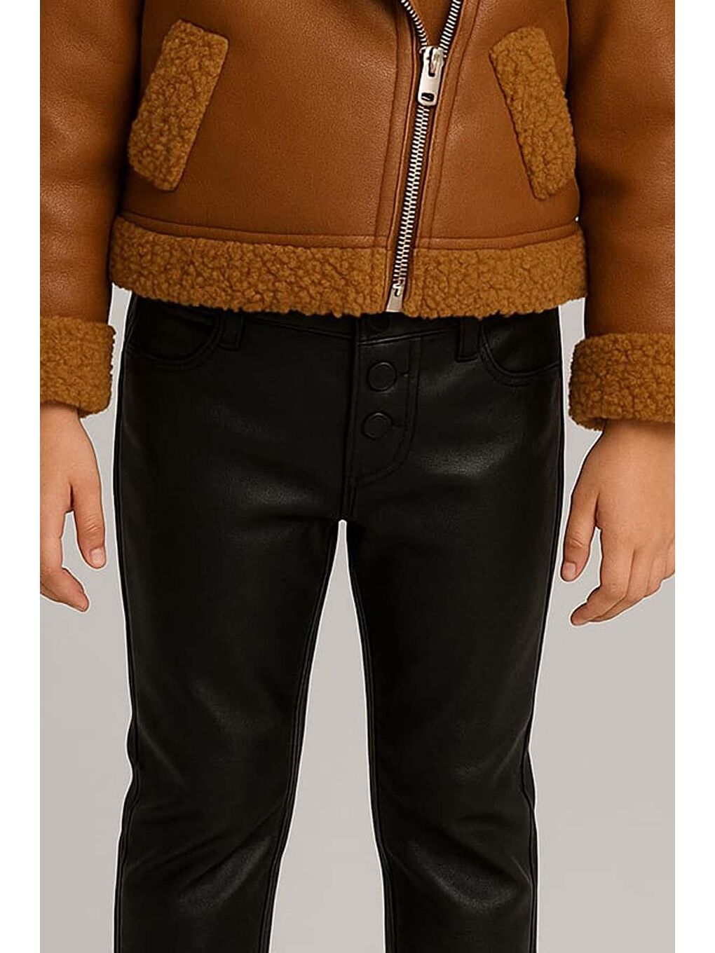 Kız Çocuk Kolları ve Yakası Pelüş Detaylı Kahverengi Ceket Dik Yaka Kazak Deri Alt Üst Takım-2