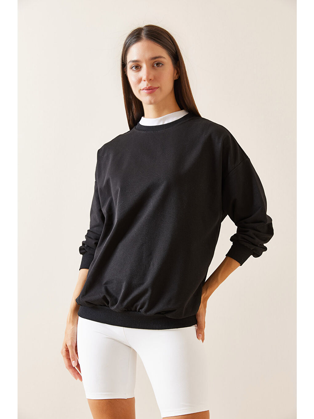 XHAN Siyah Bisiklet Yaka Sweatshirt 5YXK8-48918-02 - 1