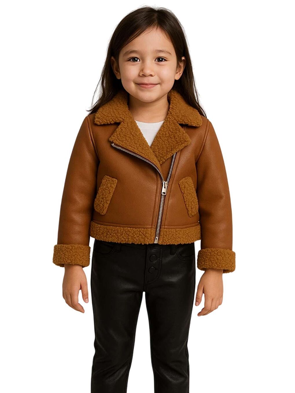 Kız Çocuk Kolları ve Yakası Pelüş Detaylı Kahverengi Ceket Dik Yaka Kazak Deri Alt Üst Takım-3