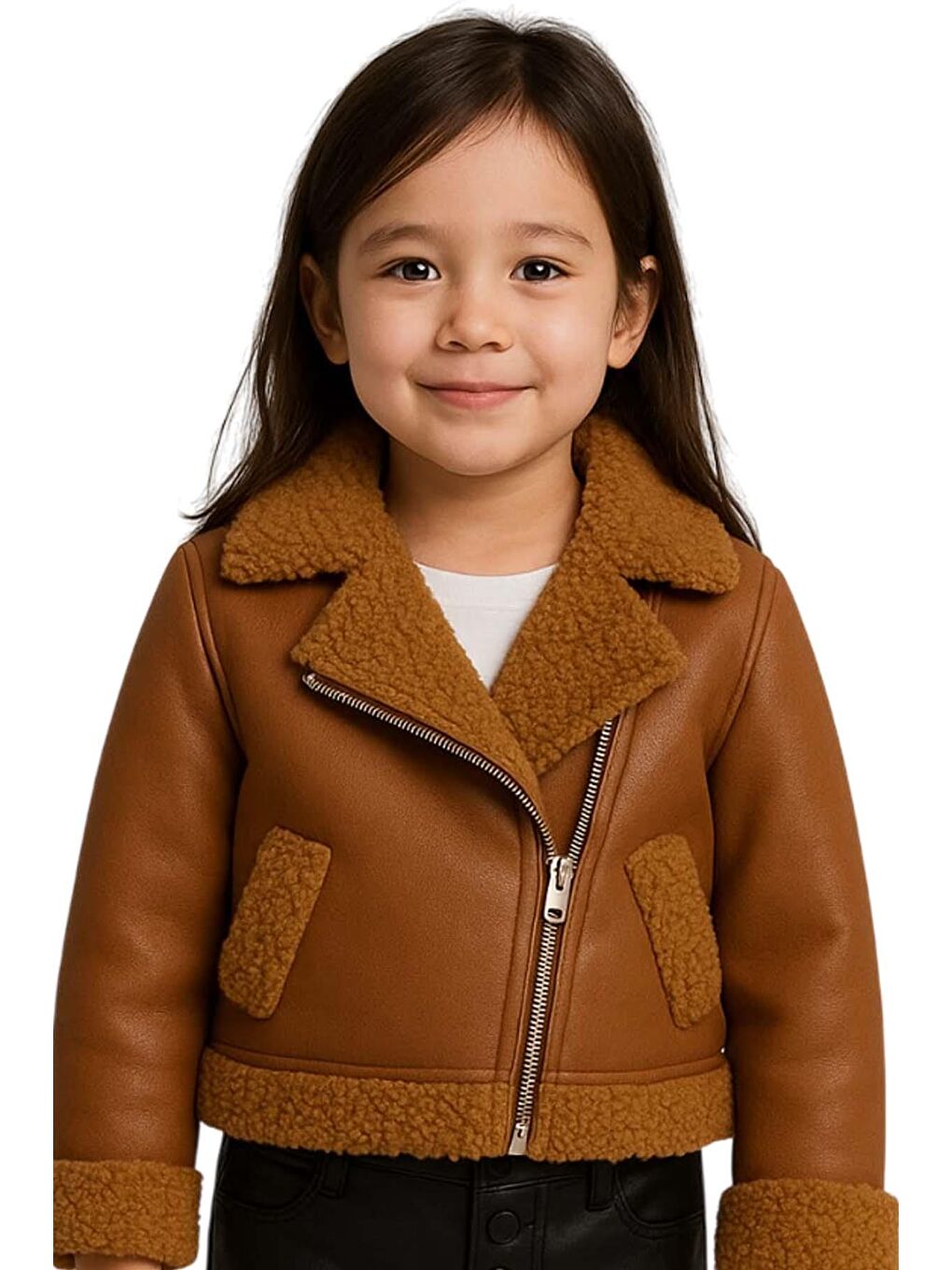 Kız Çocuk Kolları ve Yakası Pelüş Detaylı Kahverengi Ceket Dik Yaka Kazak Deri Alt Üst Takım-4