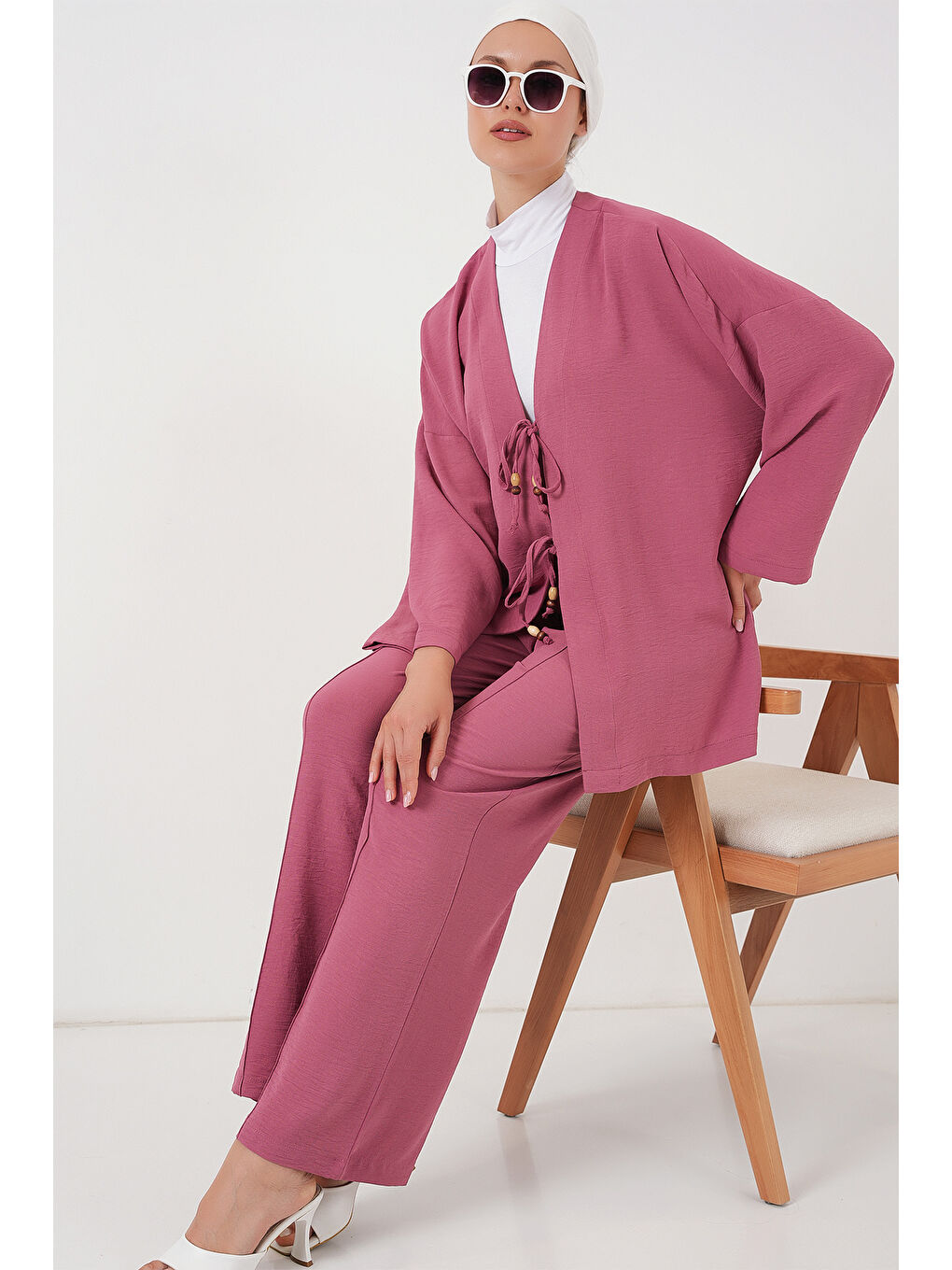 Pembe Kadın Ayrobin Kimono Pantolon İkili Takım 6739 - Gül Kurusu-2