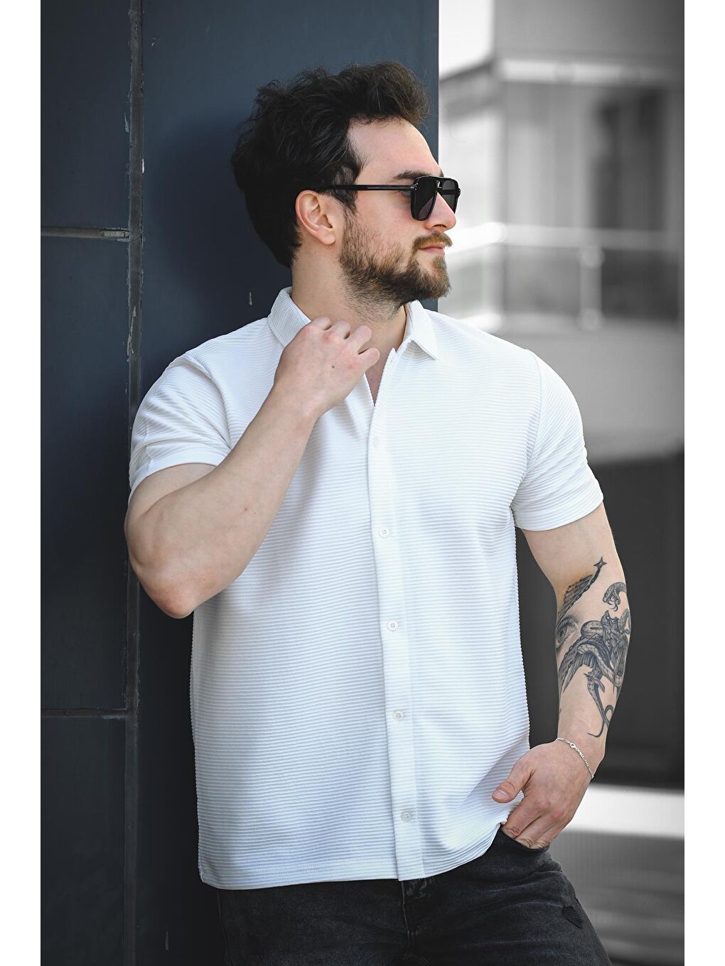 Beyaz Vitto Otoban Kumaş Slim Elastanlı Kısa Kol Erkek Gömlek-1