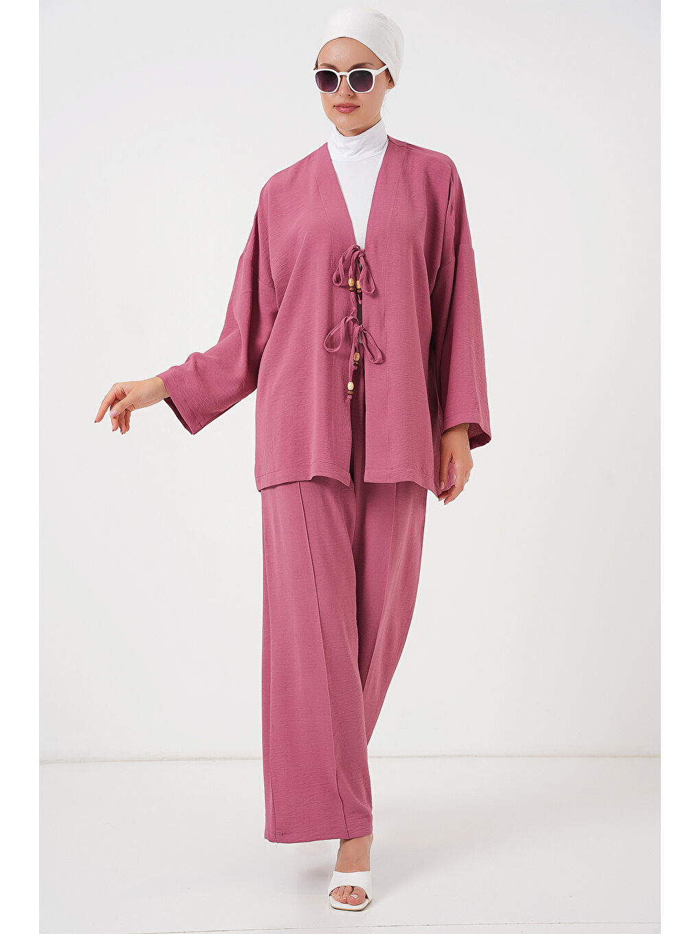 Pembe Kadın Ayrobin Kimono Pantolon İkili Takım 6739 - Gül Kurusu-3