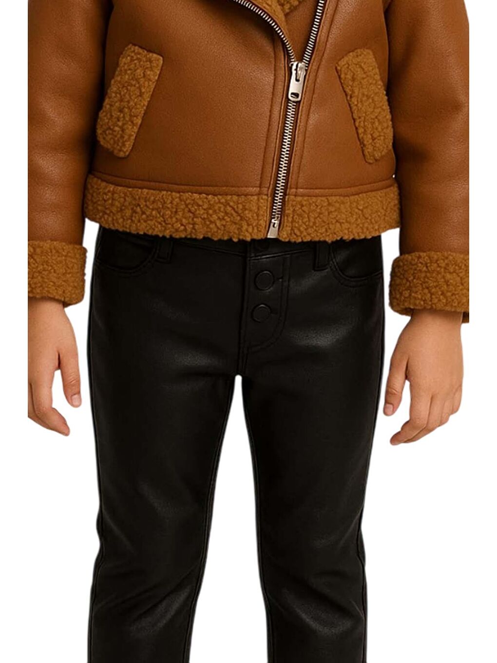 Kız Çocuk Kolları ve Yakası Pelüş Detaylı Kahverengi Ceket Dik Yaka Kazak Deri Alt Üst Takım-5