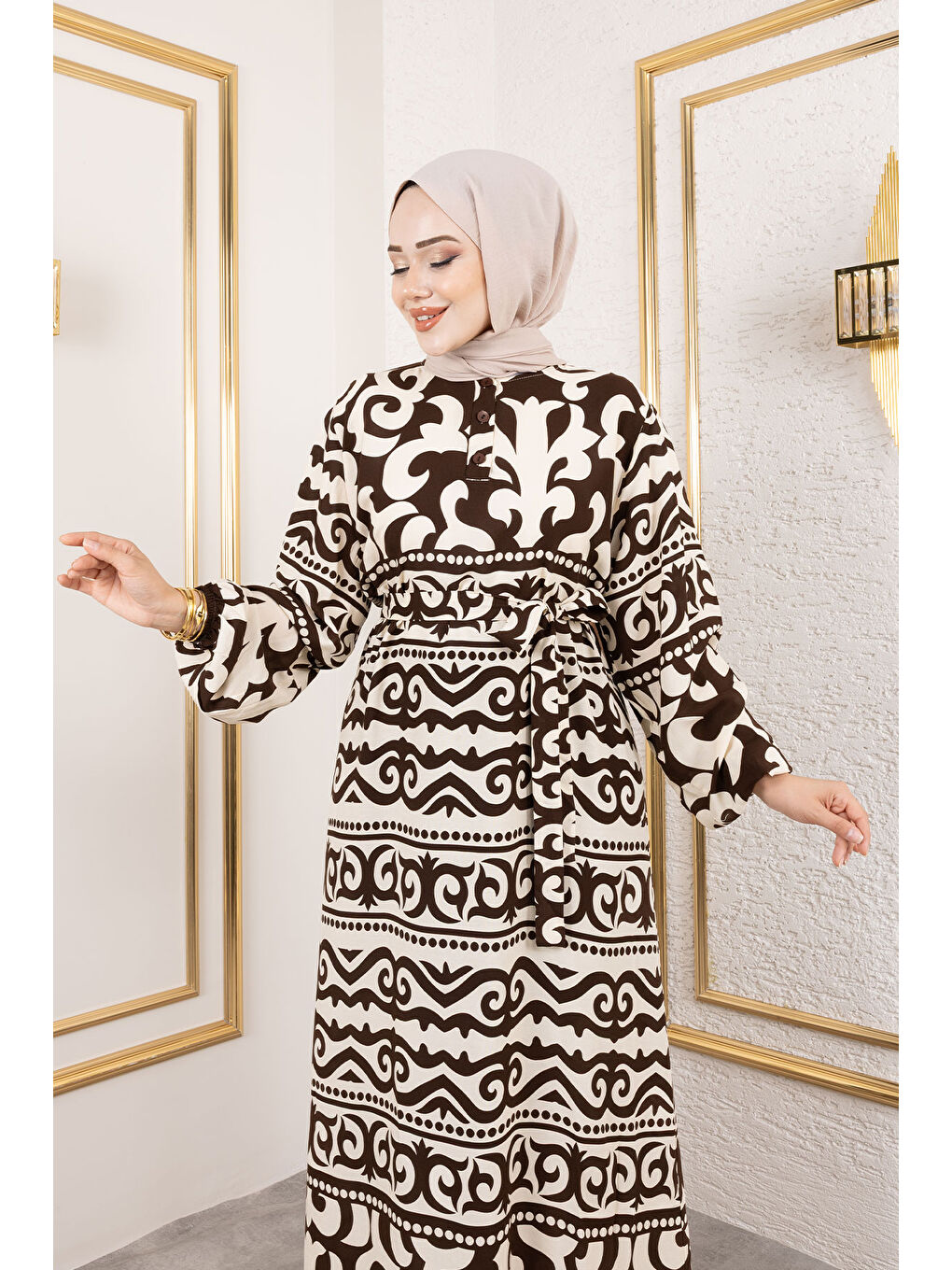 Asel Desenli Viskon Elbise TSD250205 Kahverengi-1