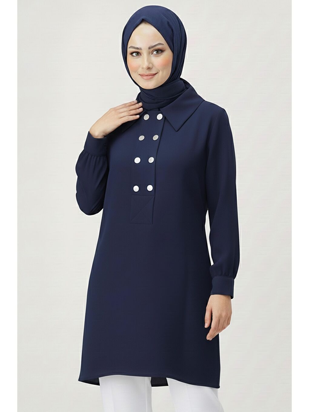 Düğme Detaylı Modal Tunik Lacivert - 28041-LACIVERT-1