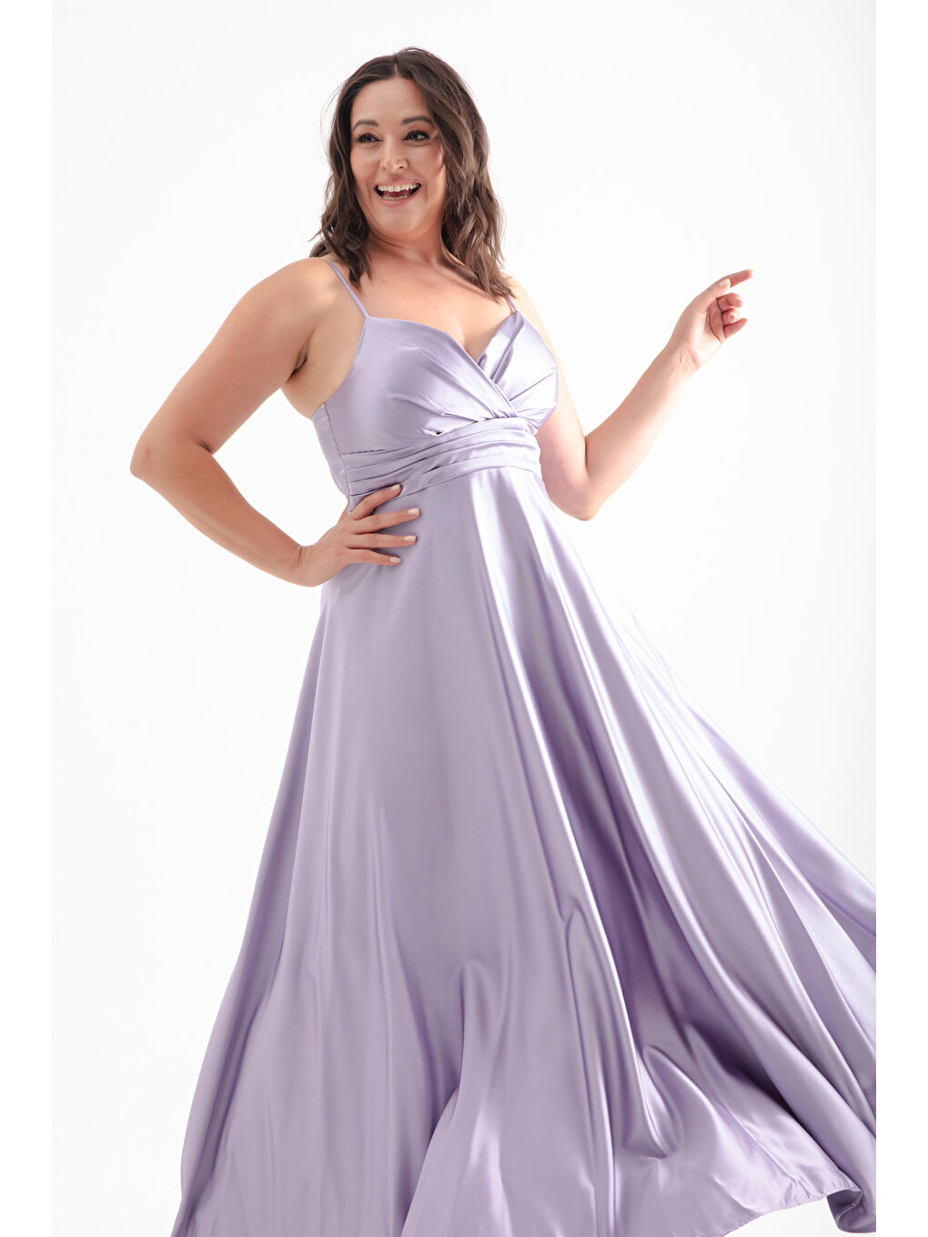 Kadın Lila İp Askılı Büyük Beden Saten Uzun Abiye & Mezuniyet Elbisesi-2