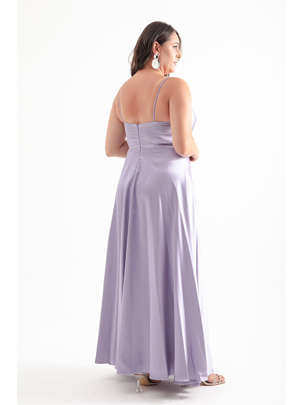Kadın Lila İp Askılı Büyük Beden Saten Uzun Abiye & Mezuniyet Elbisesi-4