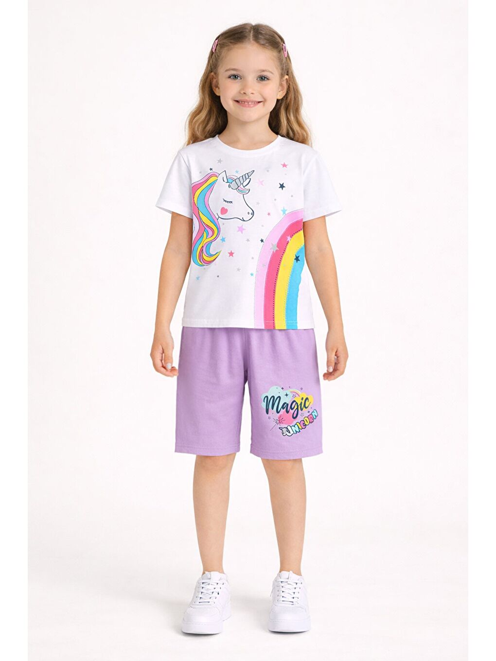 Lila Baskılı Simli Kız Çocuk Tişörtlü Şortlu Takım 23795