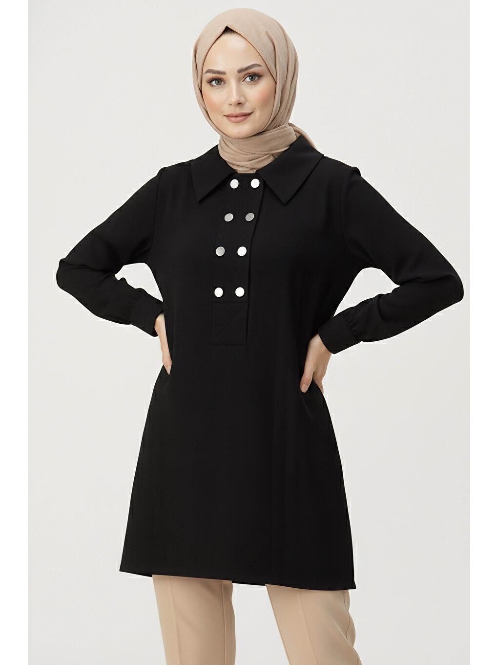 Düğme Detaylı Modal Tunik Siyah - 28041-SIYAH