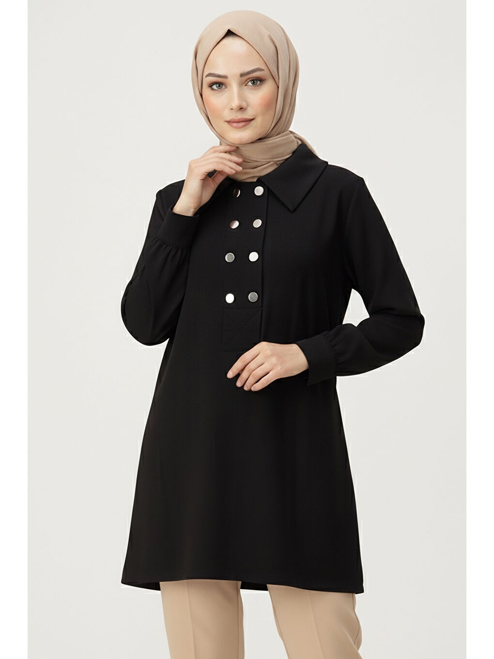Düğme Detaylı Modal Tunik Siyah - 28041-SIYAH-1