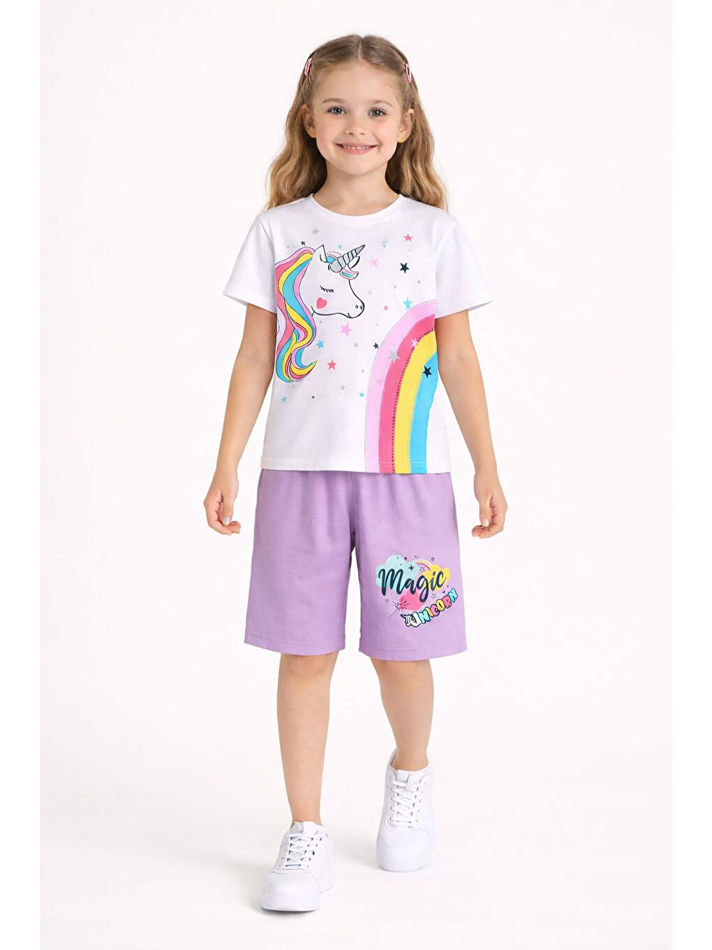 Lila Baskılı Simli Kız Çocuk Tişörtlü Şortlu Takım 23795-1