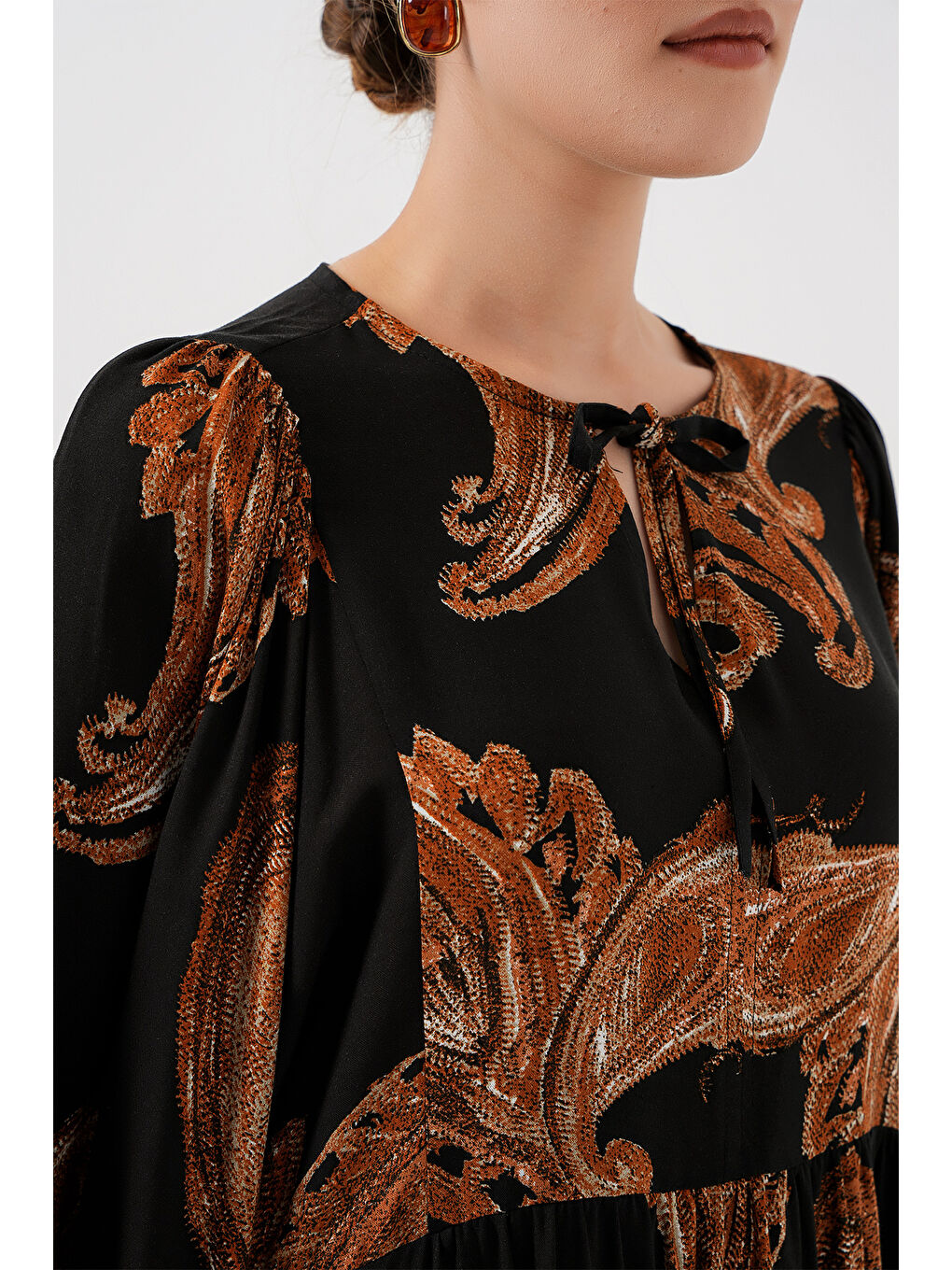 Kahverengi Kadın Balon Kol Uzun Tesettür Elbise 2464 - M. Taba-4