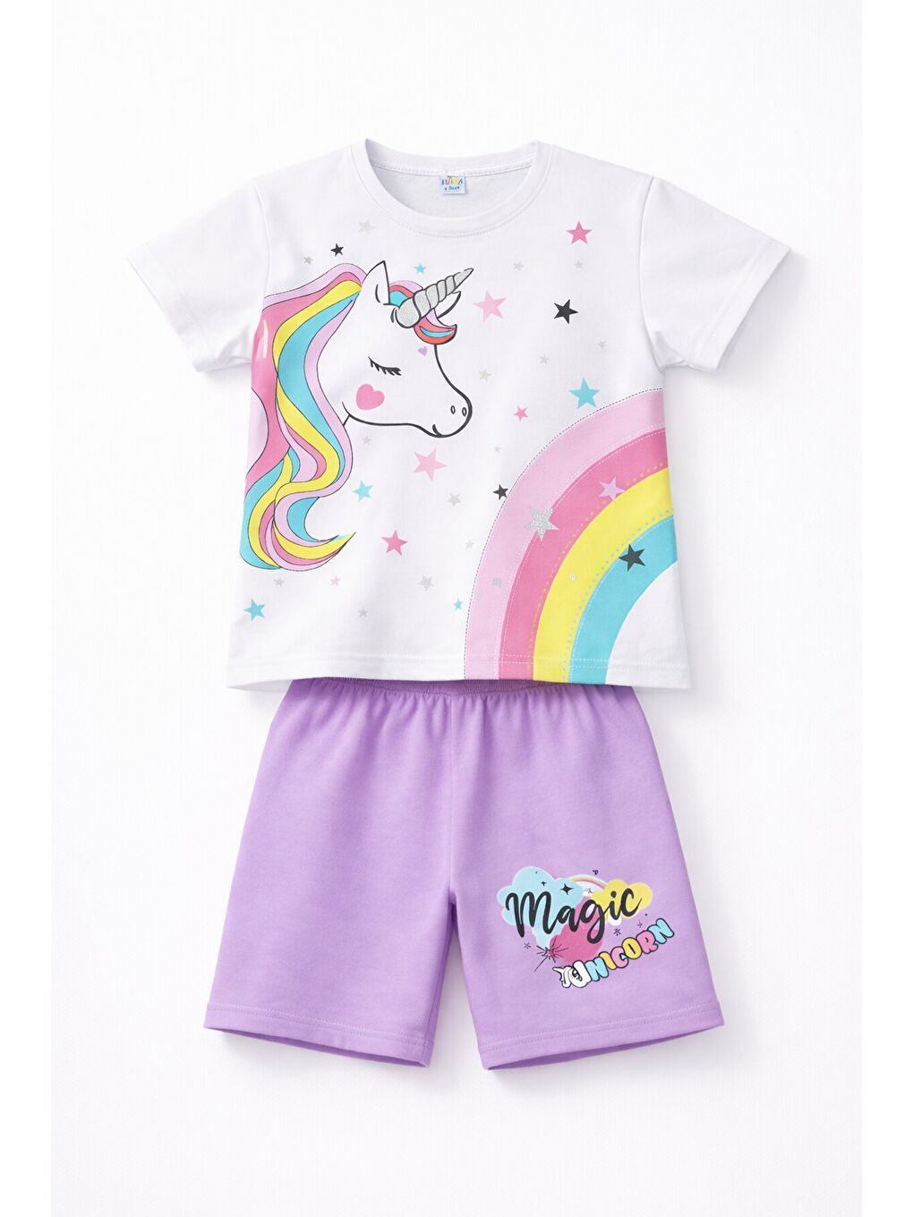 Lila Baskılı Simli Kız Çocuk Tişörtlü Şortlu Takım 23795-2
