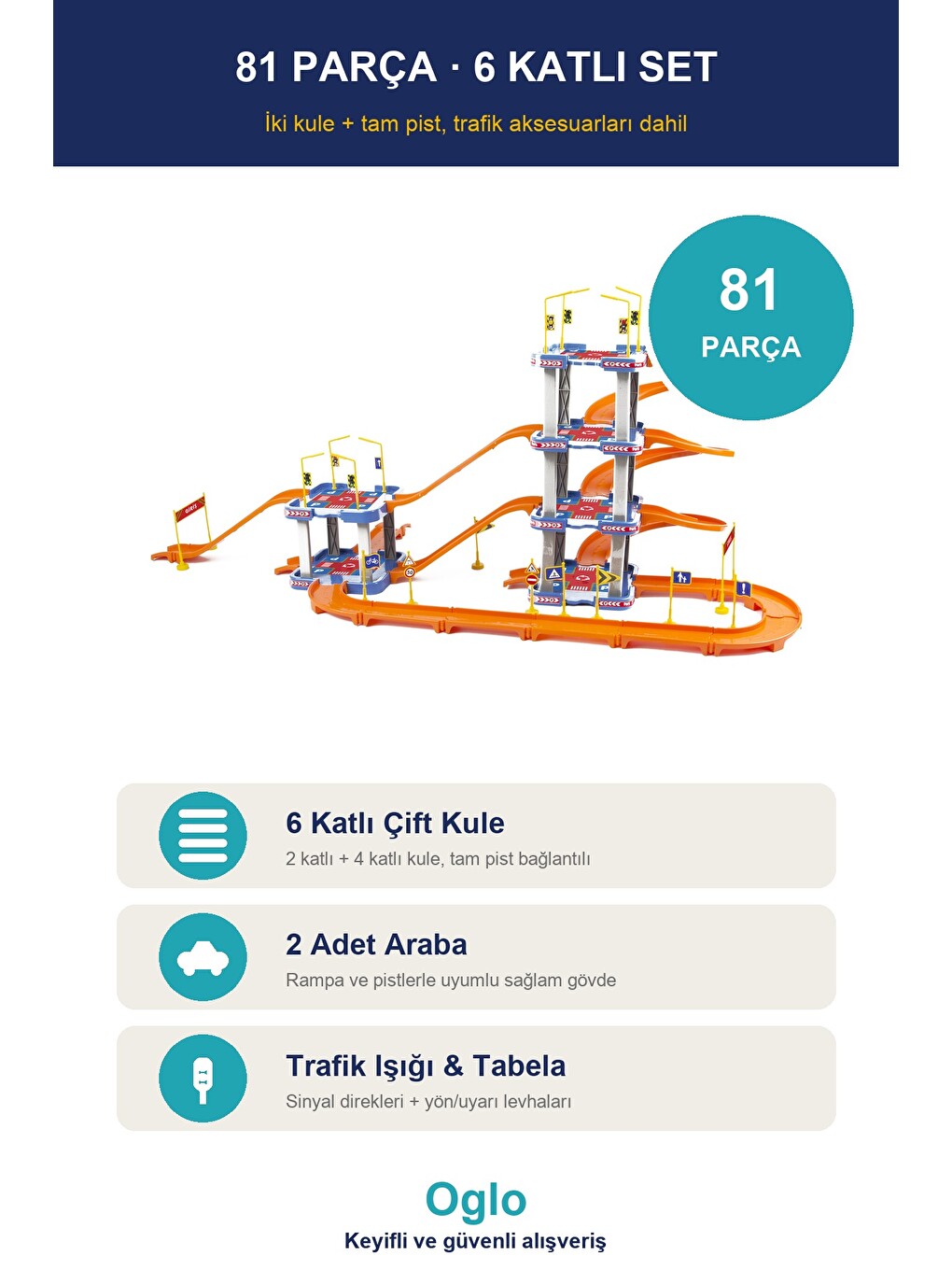 6 Katlı Otopark Garaj Yarış Pisti Seti 81 Parça 2 Araba Çift Kule-2