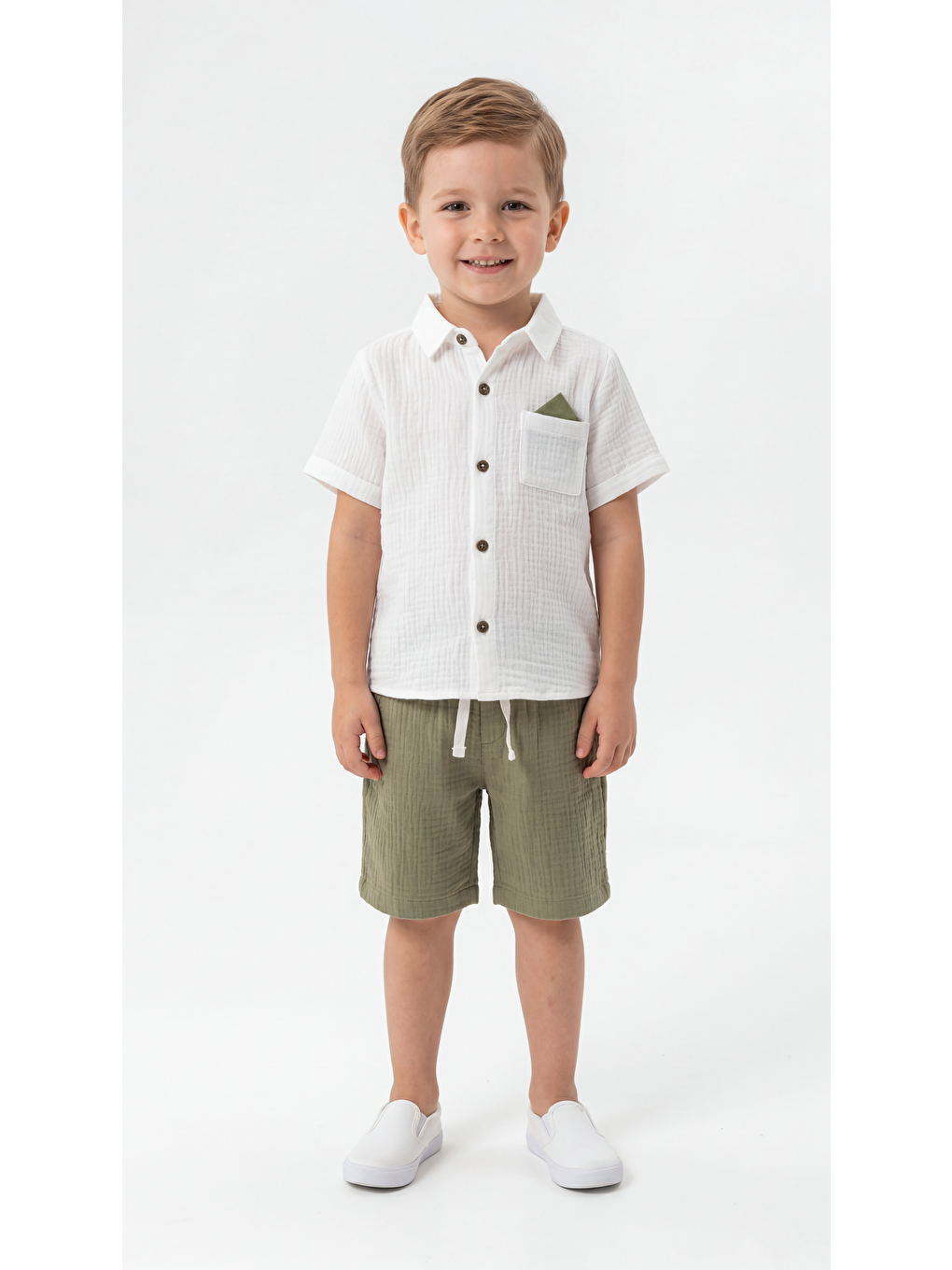 Haki Cep Detaylı Düğmeli Kısa Kollu Erkek Çocuk Gömlek & Şort Takımı
