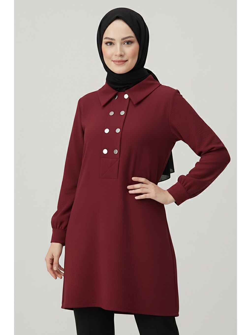 Düğme Detaylı Modal Tunik Bordo - 28041-BORDO-1