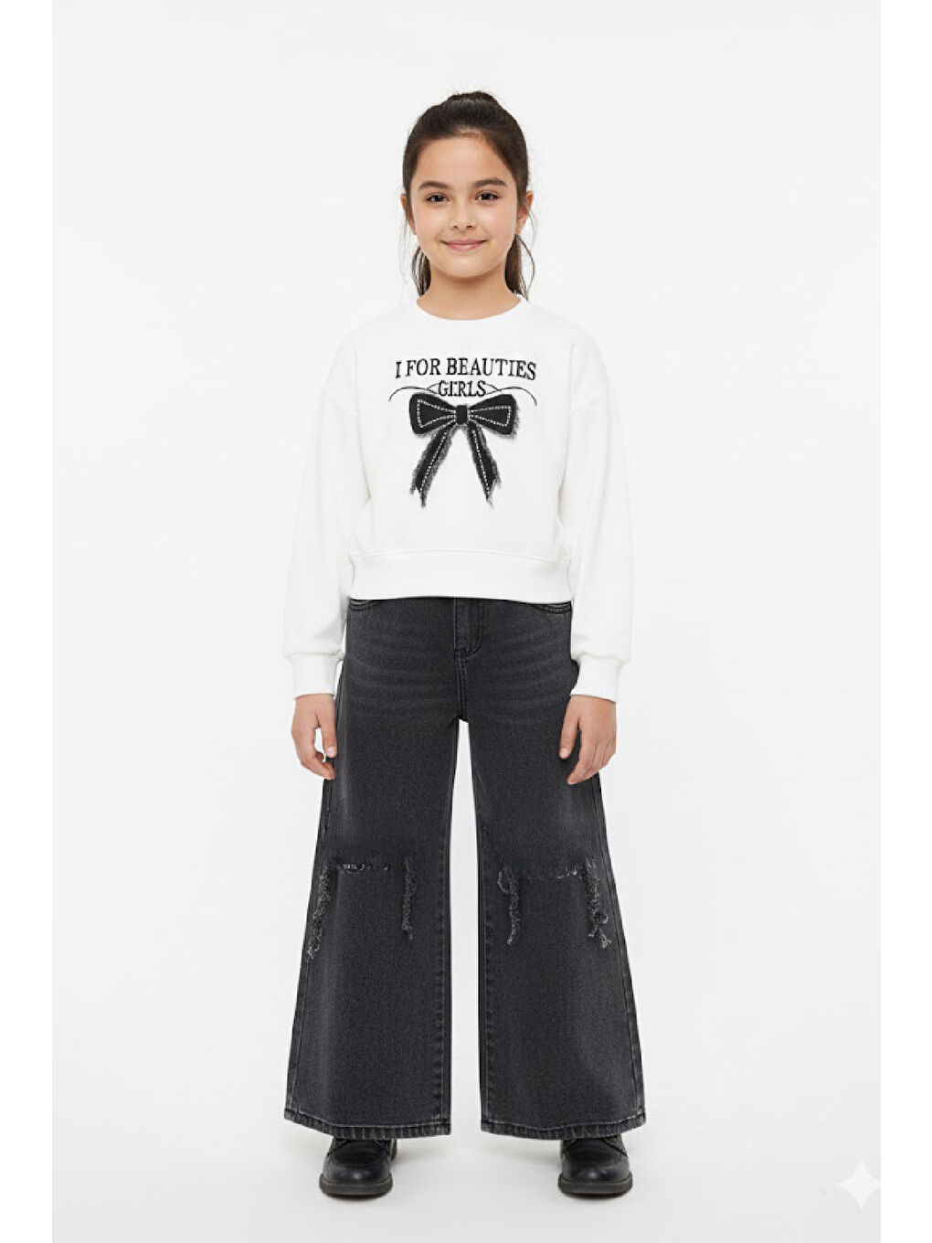 Siyah Kız Çocuk 2'li Jean Takım (Pantolon+Sweatshirt) 5-10 Yaş 12472