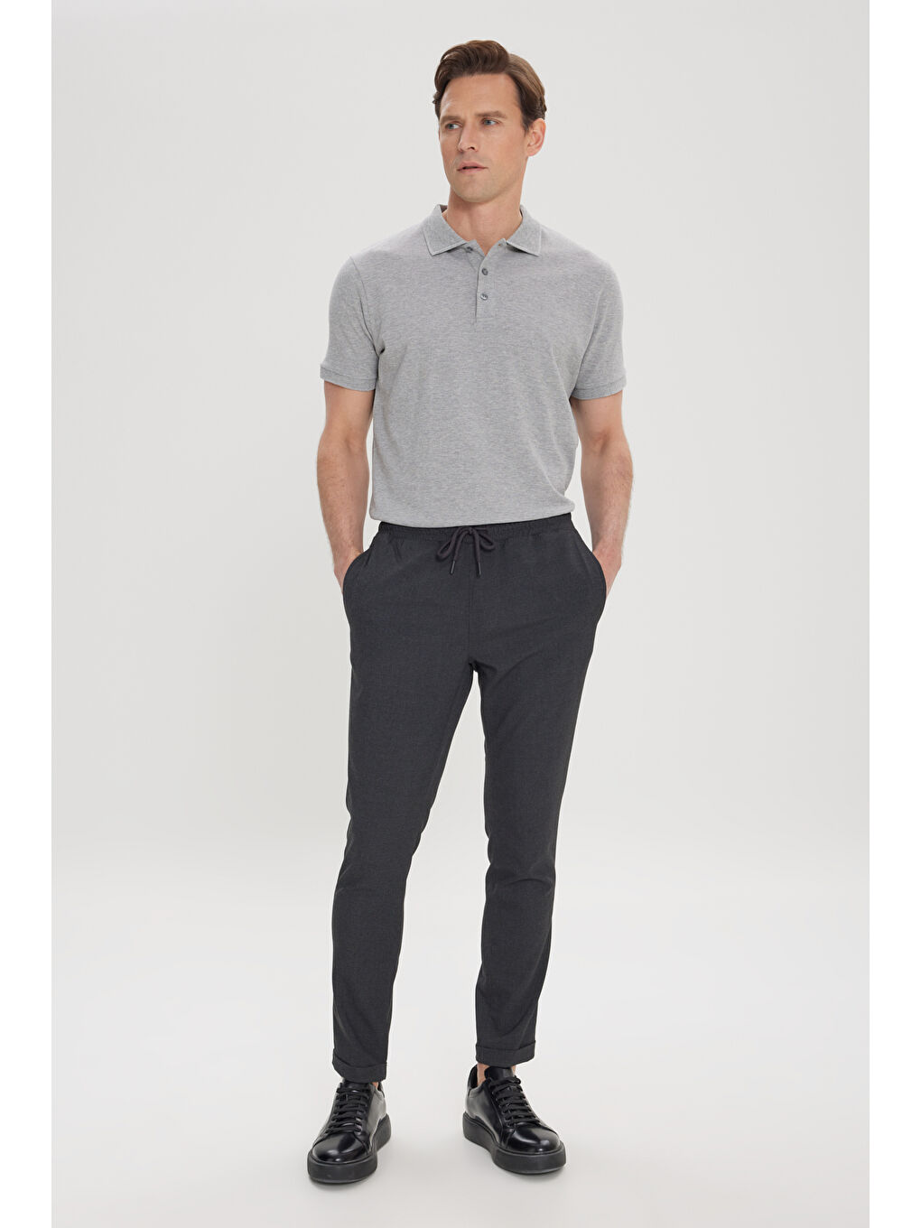 Erkek Antrasit Slim Fit Rahat Kesim Beli Bağlamalı Yan Cepli Jogger Pantolon-2