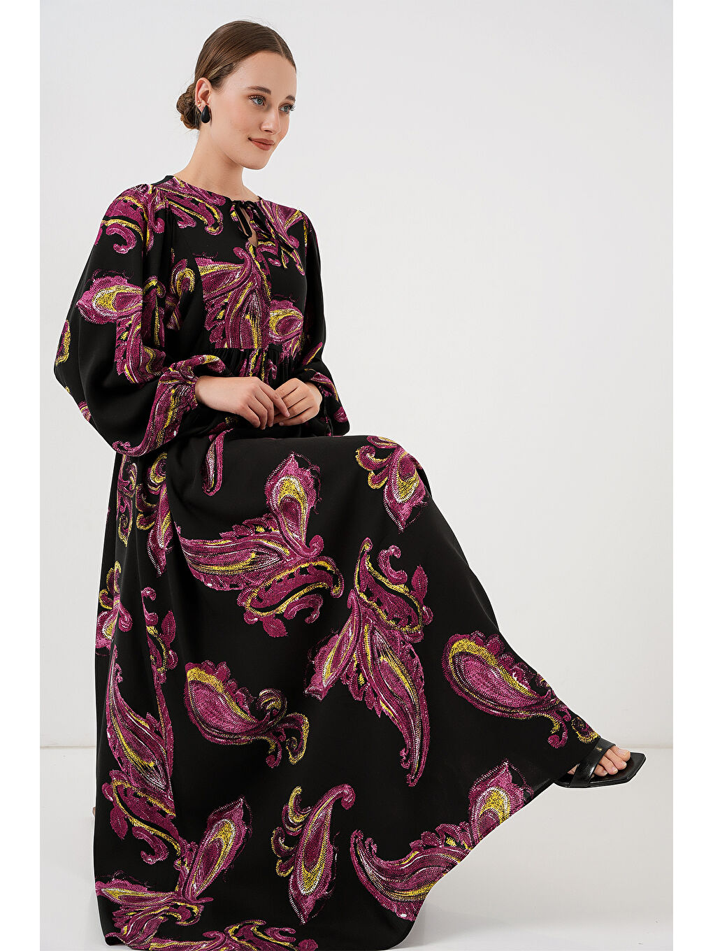 Kadın Balon Kol Uzun Tesettür Elbise 2464 - Y.Fuşya-1