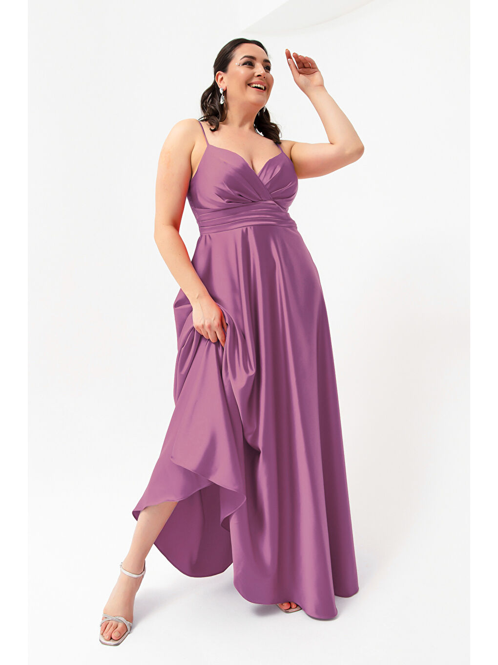 Lila Kadın Lavanta İp Askılı Büyük Beden Saten Uzun Abiye & Mezuniyet Elbisesi-2