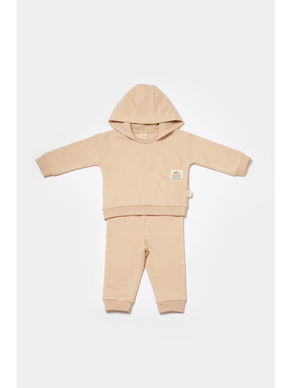 Ekru Unisex Bebek Pamuklu Bej Kapüşonlu Eşofman Takımı - Cep Detaylı Sweatshirt Ve Alt