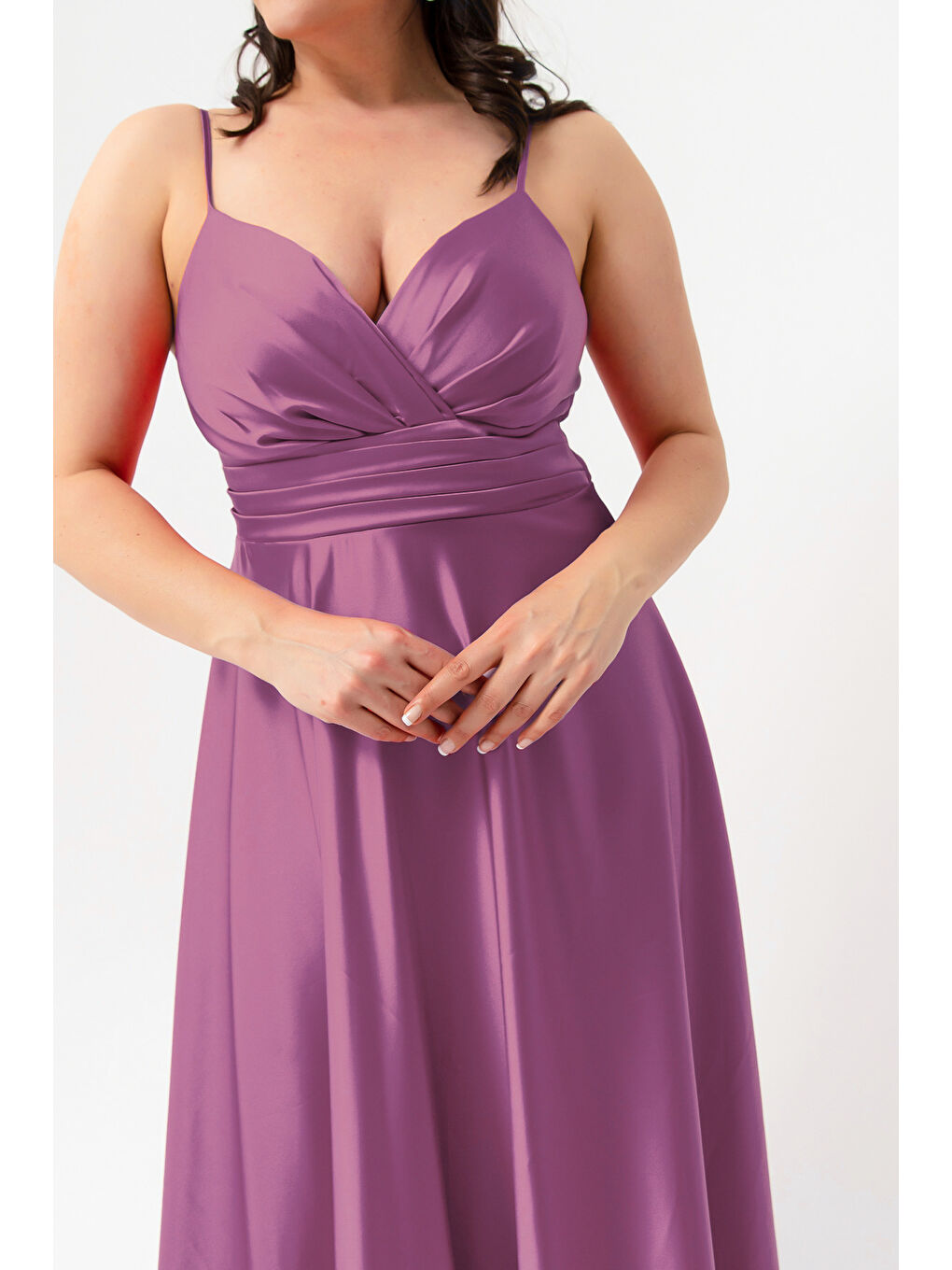 Lila Kadın Lavanta İp Askılı Büyük Beden Saten Uzun Abiye & Mezuniyet Elbisesi-3