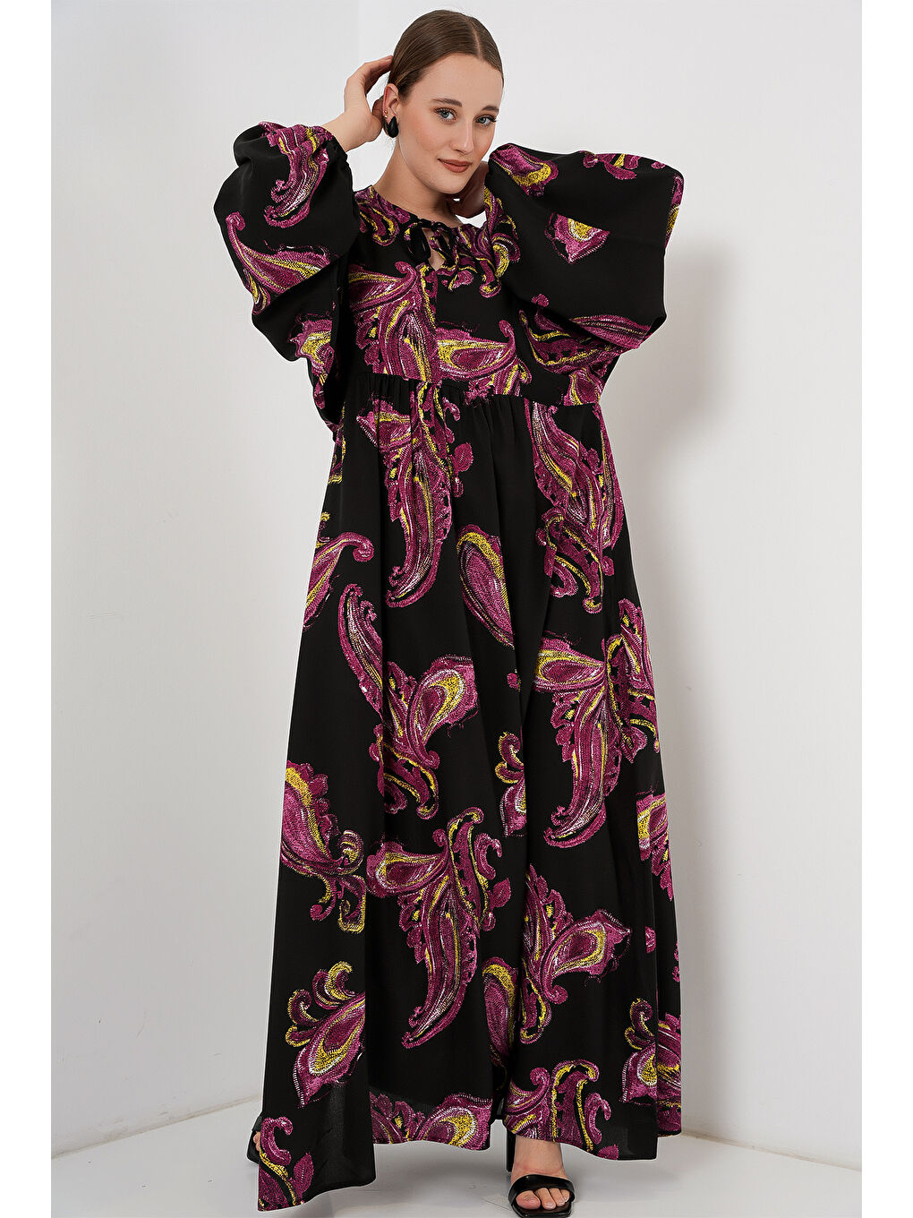 Kadın Balon Kol Uzun Tesettür Elbise 2464 - Y.Fuşya-2