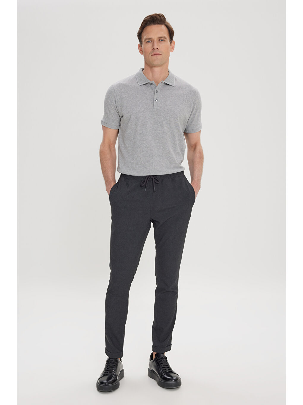 Erkek Antrasit Slim Fit Rahat Kesim Beli Bağlamalı Yan Cepli Jogger Pantolon-3