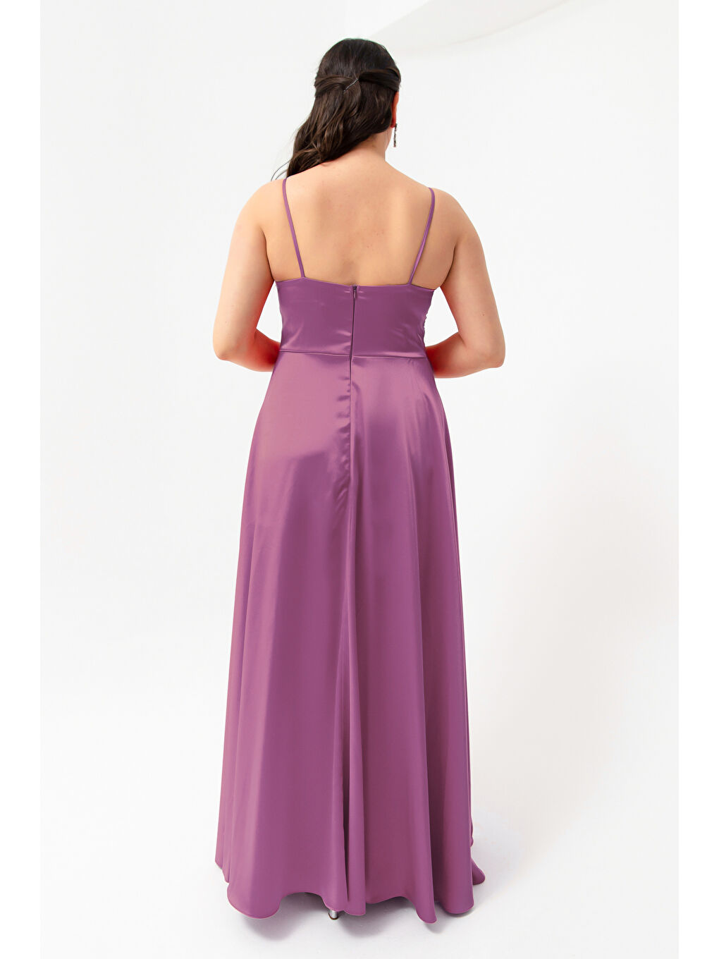 Lila Kadın Lavanta İp Askılı Büyük Beden Saten Uzun Abiye & Mezuniyet Elbisesi-4