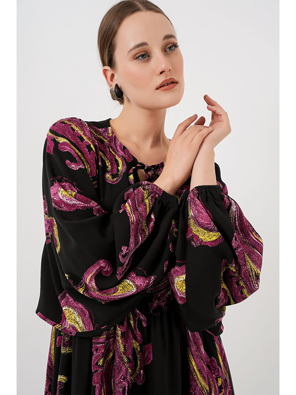 Kadın Balon Kol Uzun Tesettür Elbise 2464 - Y.Fuşya-3