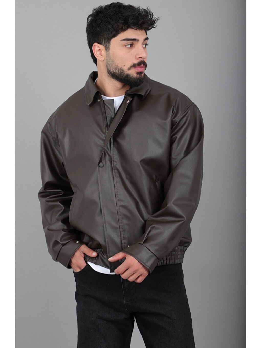 Kahverengi Bel Lastikli Oversize Suni Deri Mont Bl 1731_50379-4