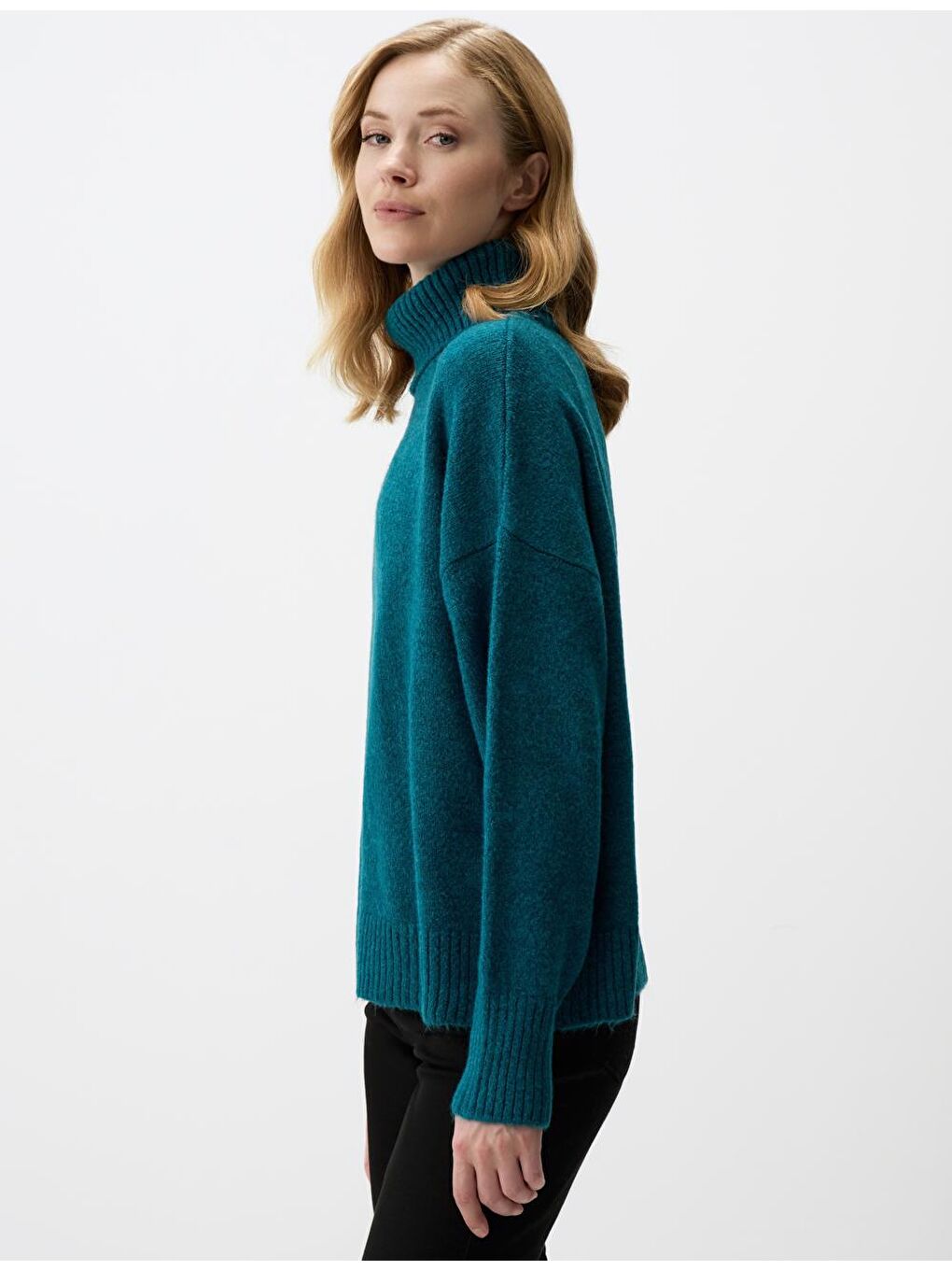 Turkuaz Balıkçı Yaka Düz Kesim Uzun Kollu Triko Kazak-3