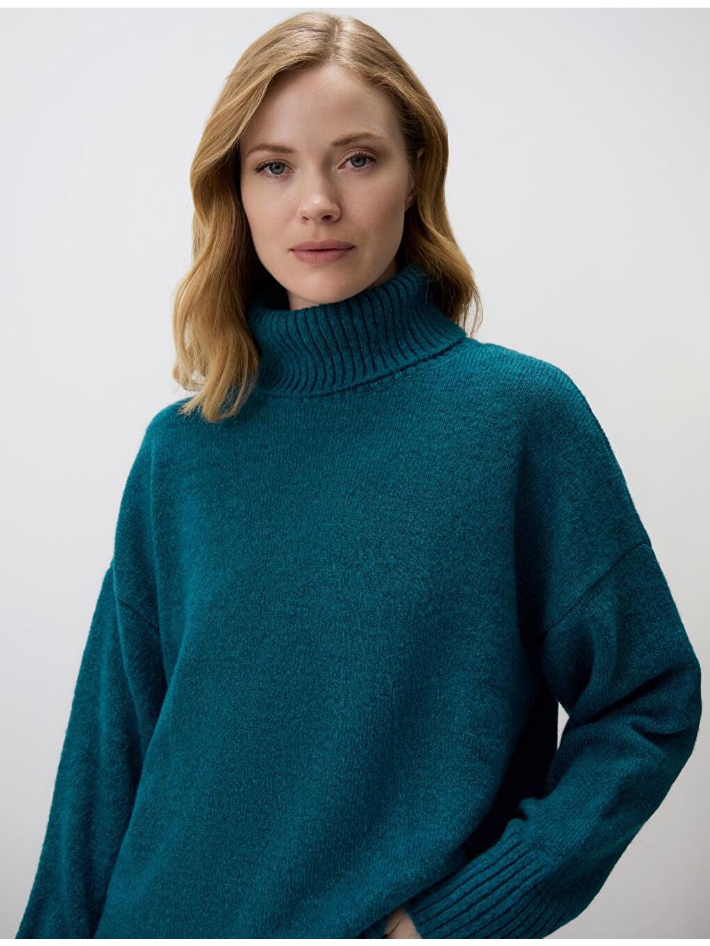 Turkuaz Balıkçı Yaka Düz Kesim Uzun Kollu Triko Kazak-4