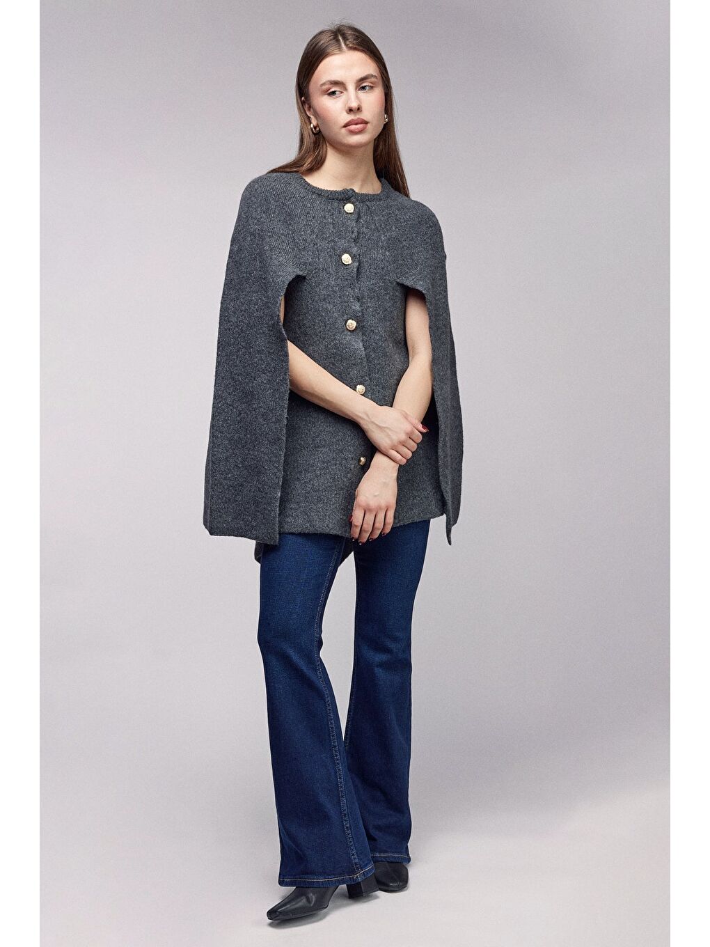 Beyaz Antrasit Bisiklet Yaka Gold Düğmeli Panço-Pelerin-2