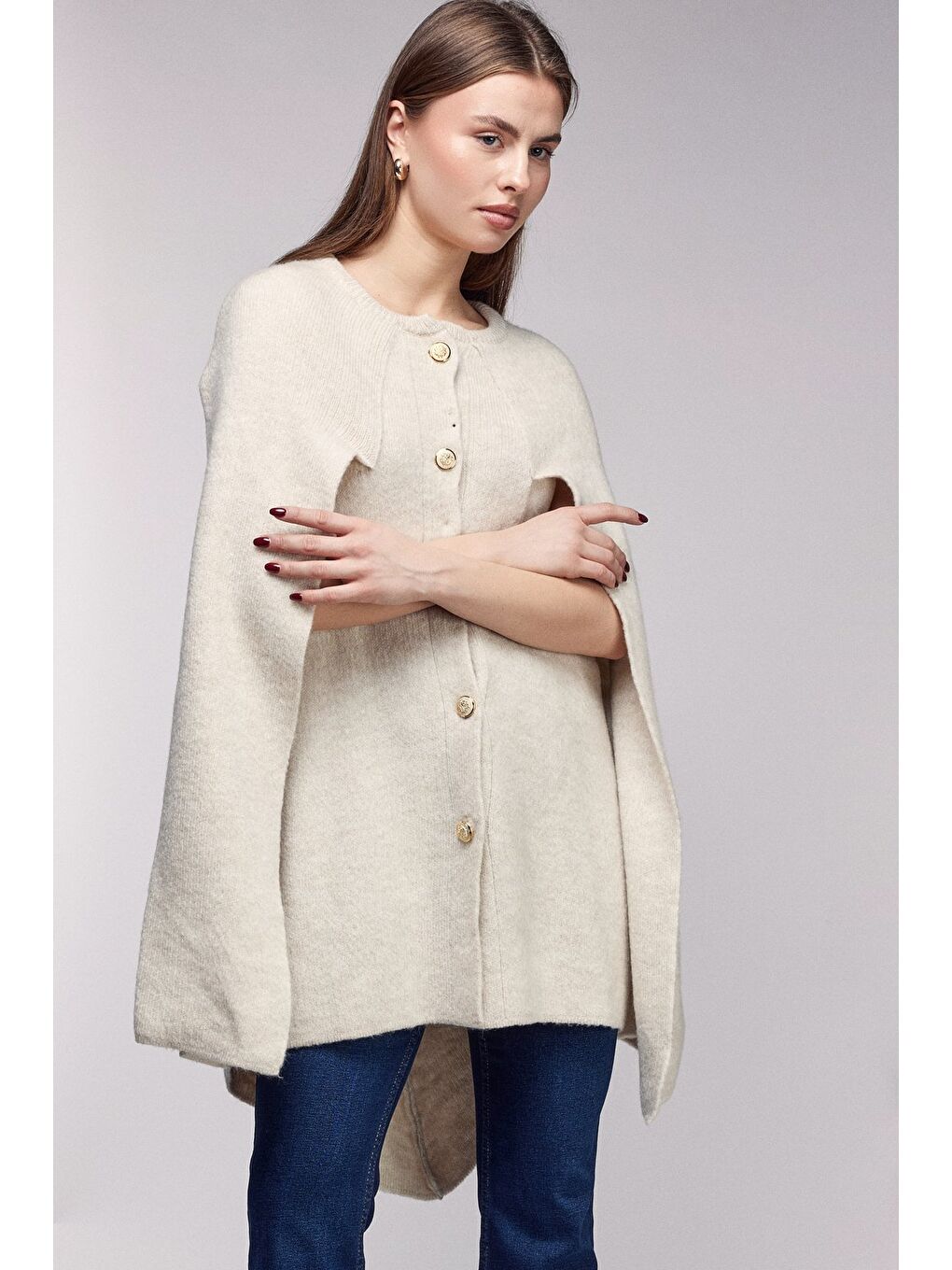 Bej Bisiklet Yaka Gold Düğmeli Panço-Pelerin-1