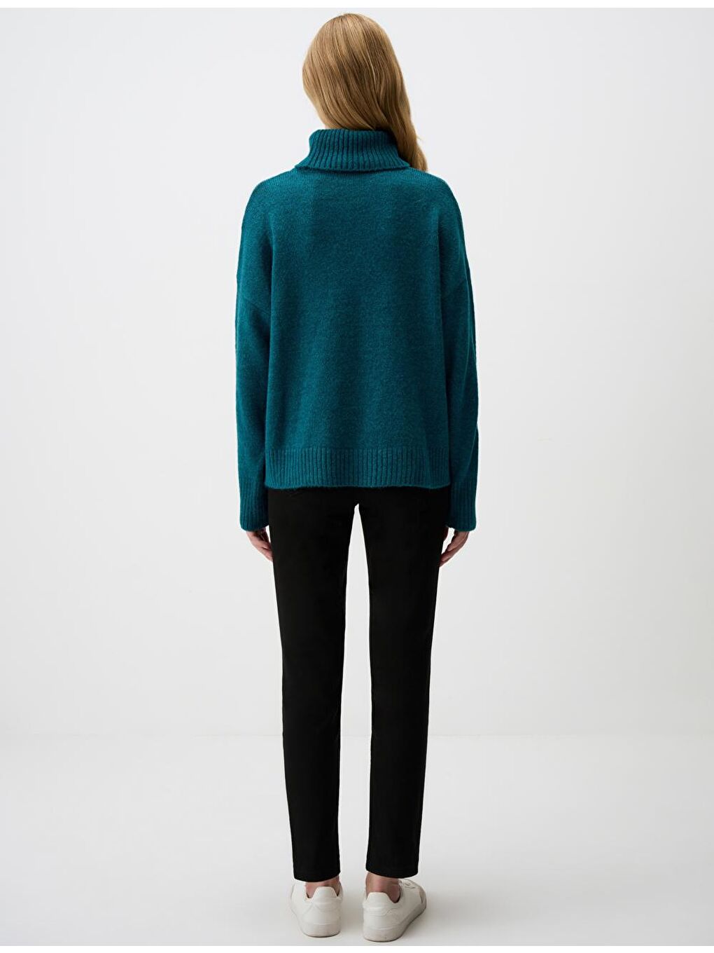 Turkuaz Balıkçı Yaka Düz Kesim Uzun Kollu Triko Kazak-5