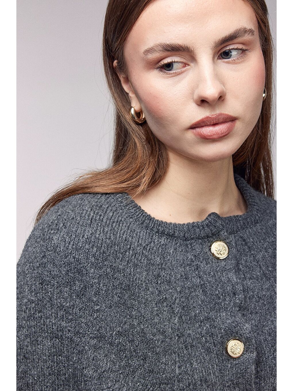 Beyaz Antrasit Bisiklet Yaka Gold Düğmeli Panço-Pelerin-3