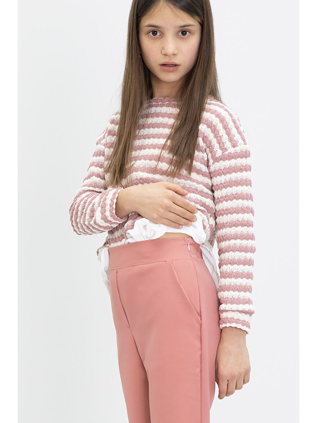 Pembe Çizgili Bluzlu İspanyol Paça Pantolonlu Kız Çocuk 2li Takım 19987-1