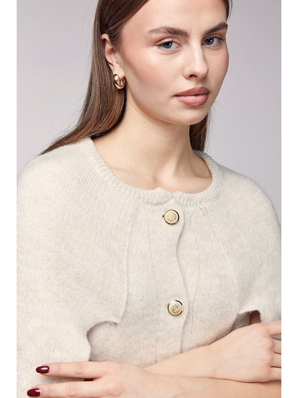 Bej Bisiklet Yaka Gold Düğmeli Panço-Pelerin-3