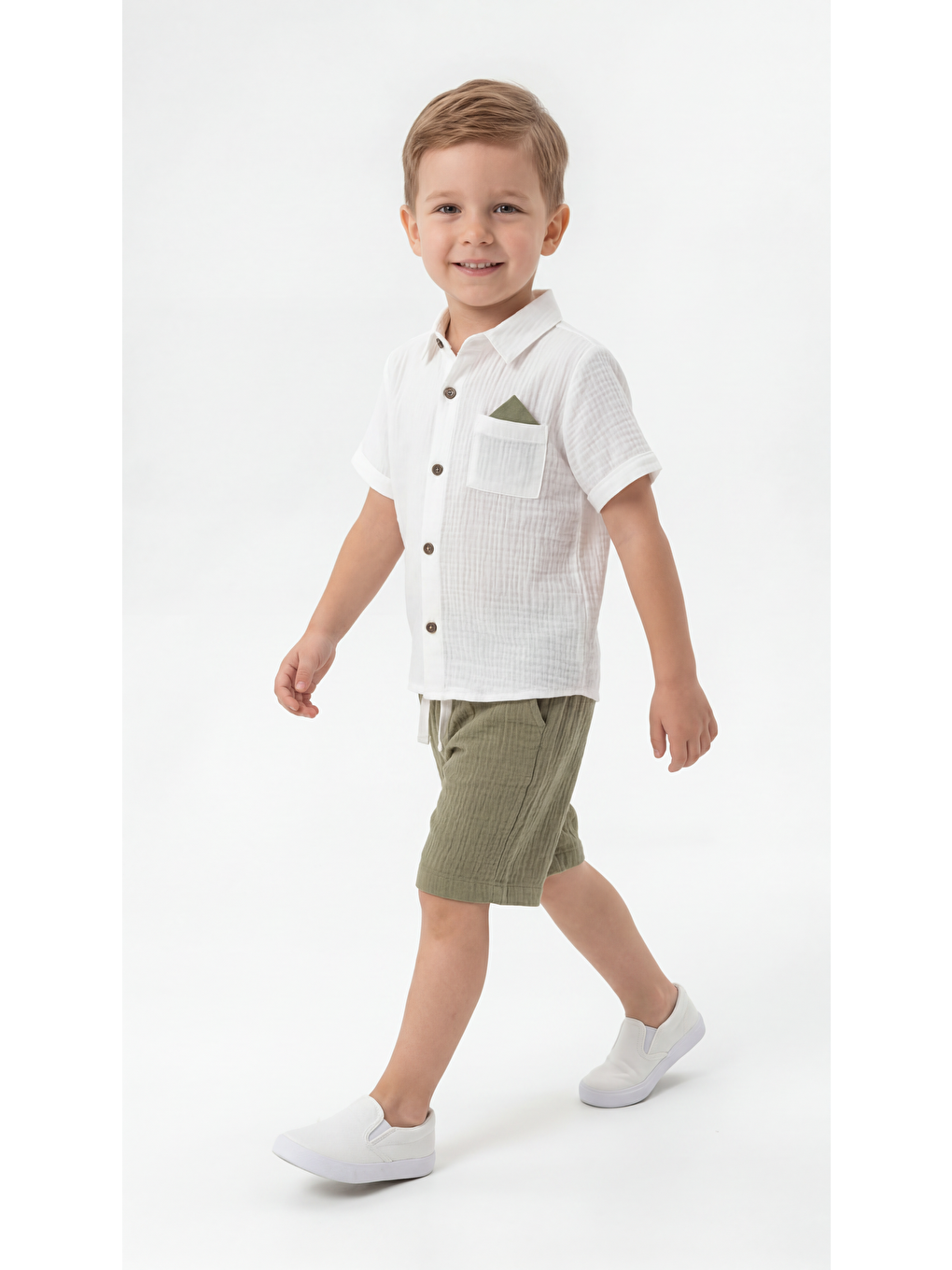 Haki Cep Detaylı Düğmeli Kısa Kollu Erkek Çocuk Gömlek & Şort Takımı-2