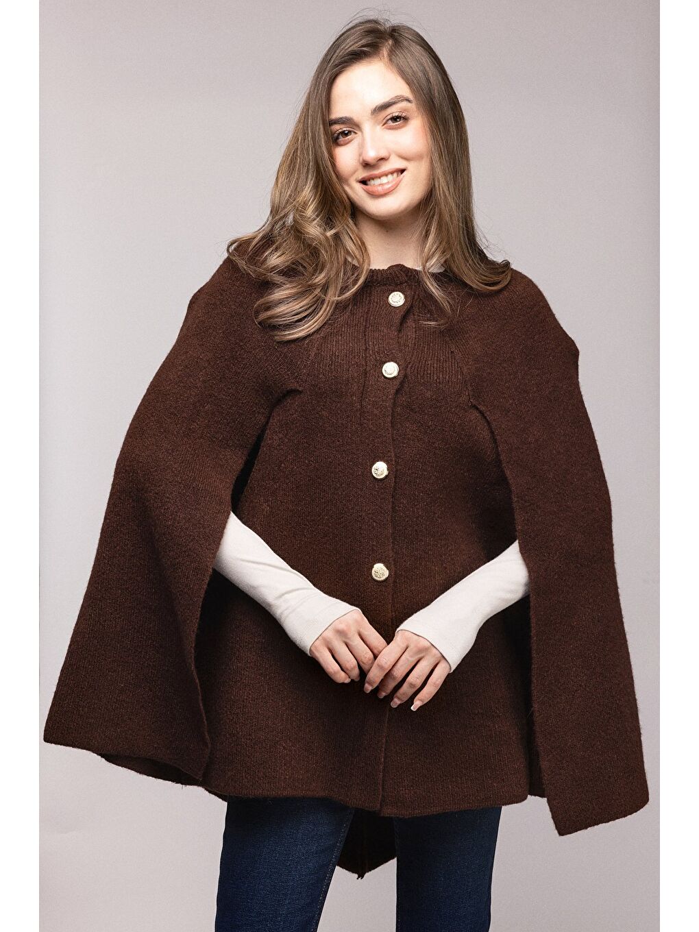 Kahverengi Bisiklet Yaka Gold Düğmeli Panço-Pelerin